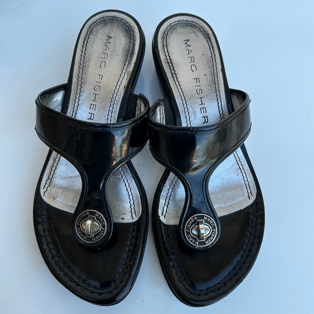Marc Fisher Black with Metal accents Wedge Thong Sandals Size 8.5 M